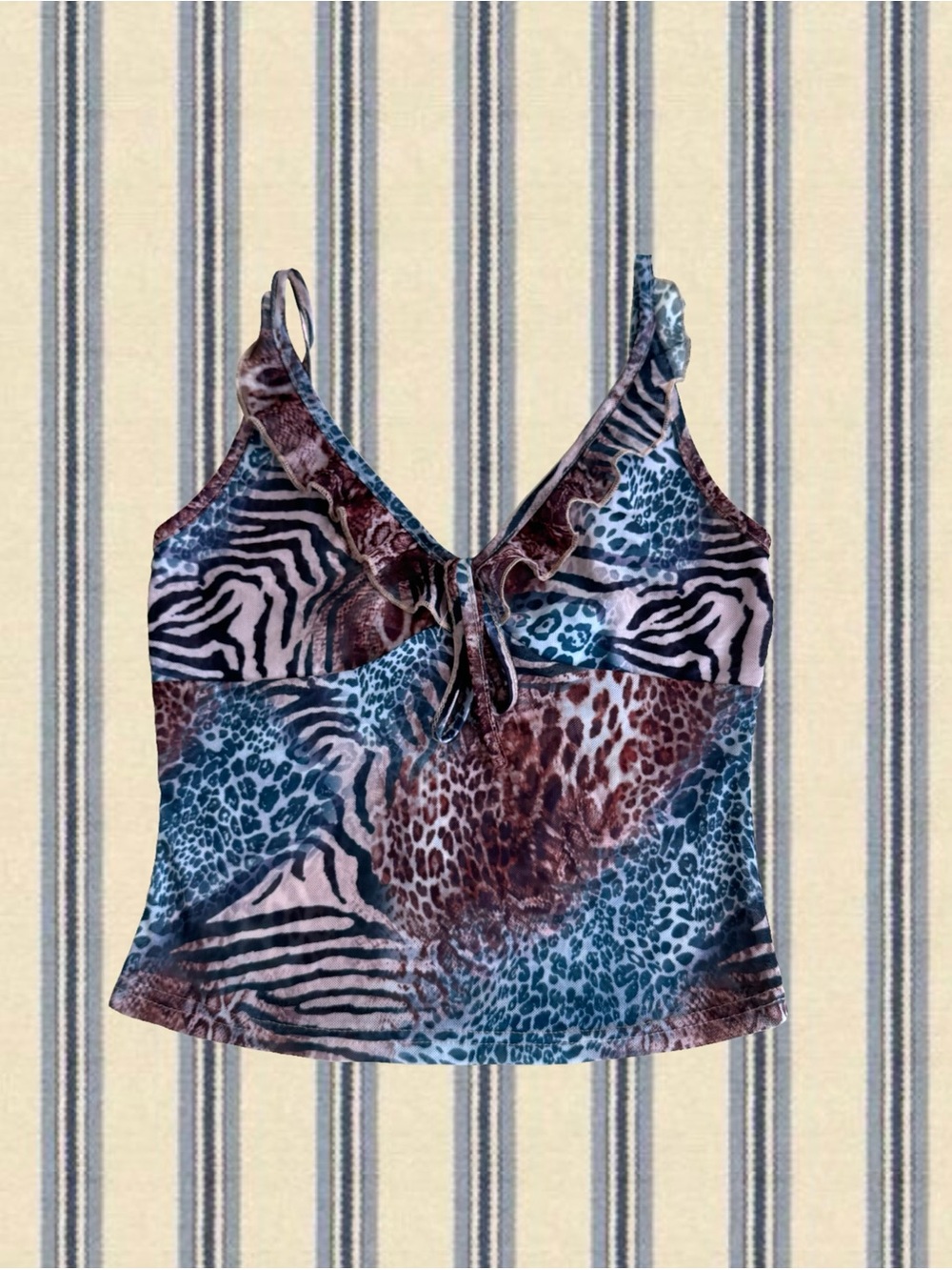 Animal Print Tie-Front Cami Top - Blue Brown